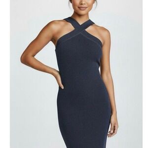 SINCERELY JULES Women's M Black Metallic Knit Criss Cross Halter Mini Dress NWT